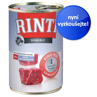Konzerva Rinti Sensible, text: Für empfindliche Hunde, NEU KEINE KOHLENHYDRATE, RIND PUR, nur 1 tierisches Protein, GETREIDEFREI, modrý kruh s nápisem nyní vyzkoušejte!