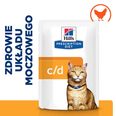 Hill's Prescription Diet c/d, opakowanie z kotem, napis: zdrowie układu moczowego, symbol kurczaka w prawym górnym rogu. Hill's Prescription Diet c/d, opakowanie z kotem, napis: zdrowie układu moczowego, symbol kurczaka w prawym górnym rogu.