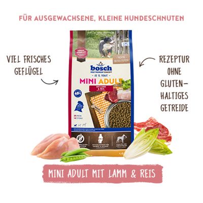 bosch Mini Adult mit Lamm & Reis, viel frisches Geflügel, Rezeptur ohne glutenhaltiges Getreide, für ausgewachsene kleine Hunde.