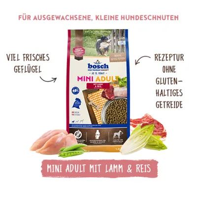 bosch Mini Adult mit Lamm & Reis, viel frisches Geflügel, Rezeptur ohne glutenhaltiges Getreide, für ausgewachsene kleine Hunde. bosch Mini Adult mit Lamm & Reis, viel frisches Geflügel, Rezeptur ohne glutenhaltiges Getreide, für ausgewachsene kleine Hunde.