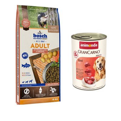 Сухой корм для собак Bosch Adult с лососем и картофелем, 21,5 % протеин, 10,5 % жира; 6 банок консервов Animonda GranCarno Rind pur; значок скидки %