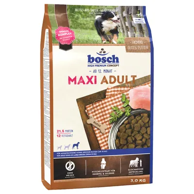 bosch Maxi Adult - AB 12. Monat, 21,5 % proteiinia, 12 % rasvaa, 3 kg. Kuivaruoka suurille aikuisille koirille. Ilman vehnää. Näkyvissä myös lihapalanen ja ruokakuppi.