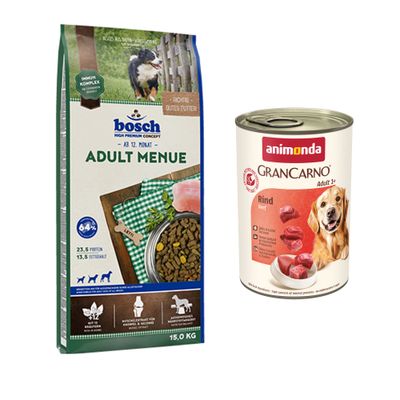 Сухой корм для собак Bosch Adult с лососем и картофелем, 21,5 % протеин, 10,5 % жира; 6 банок консервов Animonda GranCarno Rind pur; значок скидки %
