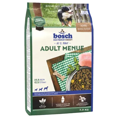 bosch High Premium Concept Adult Menue, ab 12. Monat, 23,5 % protein, 13,5 % fetgehalt, 3,0 kg. Slika pseće hrane s vidljivim sastojcima i informacijama o proizvodu na pakiranju.