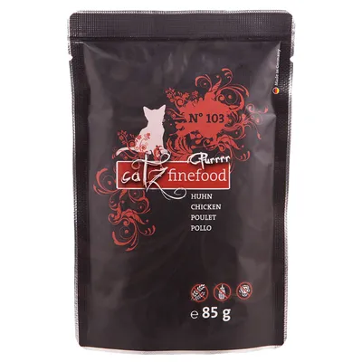 catz finefood N° 103 Purrrr, Huhn, Chicken, Poulet, Pollo, 85 g. Musta pussi, valmistettu Saksassa. Tuotemerkki ja maku näkyvissä.