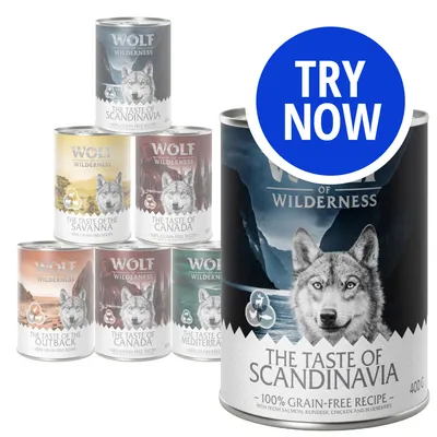 Selection of Wolf of Wilderness cans with flavours including The Taste of Scandinavia, Savanna, Canada, Outback and Mediterranean. Blue circle reads 'Try Now'.
