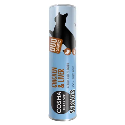 COSMA PURE LOVE SNACKIES CHICKEN & LIVER DUO FLAVOURS, GENTLY FREEZE-DRIED, 100 % PURE MEAT. Blå tube med sort kattefigur og tekst på engelsk.