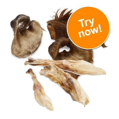 Dried animal chews with fur and without, shown on white background. Orange badge top right reads: Try now!