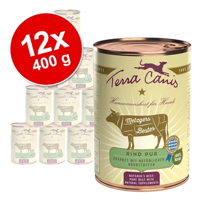 Terra Canis házikoszt kutyáknak, tiszta marha, természetes tápanyagokkal kiegészítve. Csomag: 12x400g konzerv, Metzgers Bestes, 100% természetes.