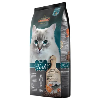 Leonardo Cat Food Adult Fish, 15 kg, mit extra frischem Lachs, Proteinquelle: 85% tierisches Eiweiß, 15% pflanzliches Eiweiß, für ausgewachsene Katzen ab einem Jahr.
