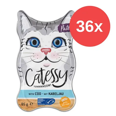 Catessy Paté mit Kabeljau, 85g, getreidefreie Rezeptur, MSC-zertifiziert. Packung in Katzenform, Multipack mit 36 Stück.
