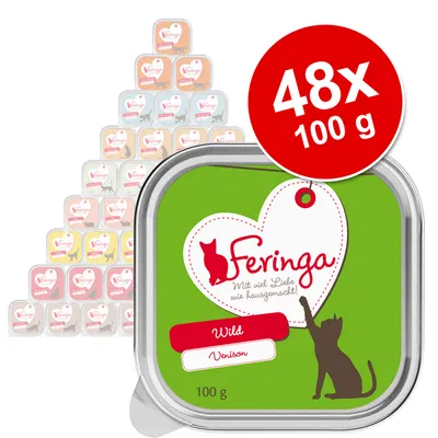 Feringa Wild Venison kattemad, 48 x 100 g bakker. Synlig tekst: Feringa, Mit viel Liebe wie hausgemacht!, Wild, Venison, 100 g.