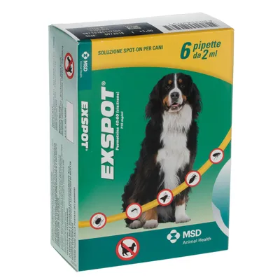 Confezione Exspot soluzione spot-on per cani, 6 pipette da 2 ml, MSD Animal Health. Immagine di cane e simboli di insetti barrati. Testo: permetrina 745 mg/ml.