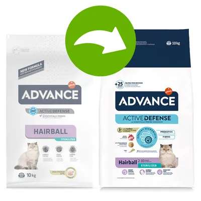 Changement d’emballage : croquettes ADVANCE Active Defense Hairball Sterilized 10 kg, ancien et nouveau sacs visibles avec chat et informations sur la formule et les ingrédients.