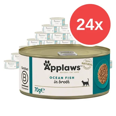 Applaws Ocean Fish in broth, 70 g, balení 24× konzerv. Text: Certified B Corporation, 100% Natural Ingredients.