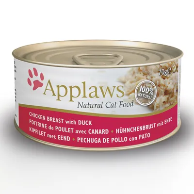 Applaws Natural Cat Food, 70 g. Chicken breast with duck. 100% natural. Tekstit useilla kielillä purkin etiketissä.