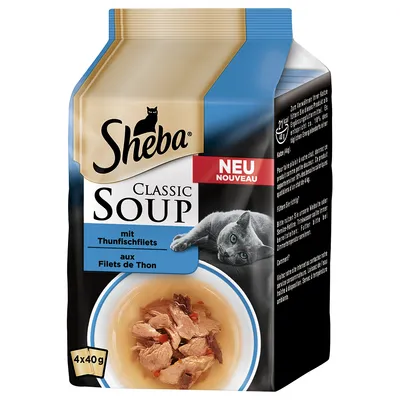 Sheba Classic Soup mit Thunfischfilets, 4x40g. Pakkauksessa kuva kissasta ja kulhossa tonnikalafileitä liemessä. Teksti: NEU NOUVEAU.