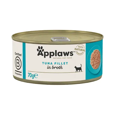 Applaws Natural Cat Food, Tuna Fillet in Broth, 70g, Certified B Corporation, 100% natural ingredients, image of tuna fillet on plate