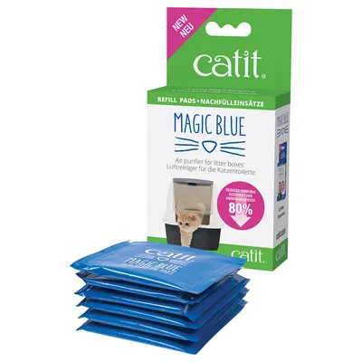 Catit Magic Blue -täyttötyynyt kissanvessoihin, vähentää ammoniakin hajua 80 %, pakkauksessa kissa ja siniset tyynyt.