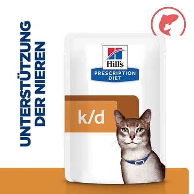 Hill's Prescription Diet k/d Katzenfutter, Unterstützung der Nieren, mit Fischsymbol. Verpackung zeigt eine Katze mit blauem Halsband.