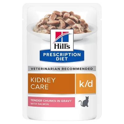 Hill's Prescription Diet k/d Kidney Care, empfohlen von Tierärzten. Zarte Stücke in Sosse mit Lachs. Verpackung zeigt Katzenfutter für Nierenpflege.