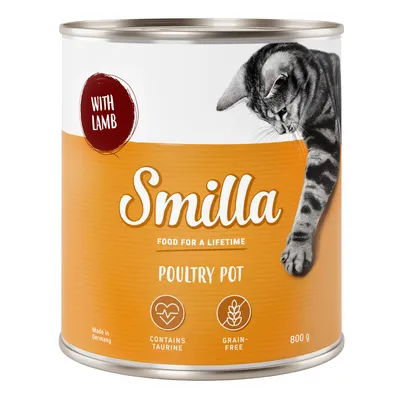 Boîte de 800 g Smilla Poultry Pot, avec texte visible : With lamb, Food for a lifetime, Contains taurine, Grain-free, Made in Germany. Image d’un chat sur l’étiquette.