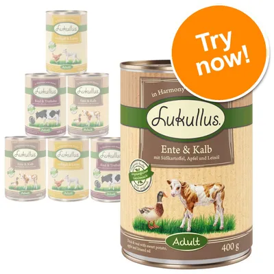 Lukullus Adult 400g canned food, visible flavours include Ente & Kalb, Rind & Truthahn, Geflügel & Lamm. Large orange badge with white text: Try now!