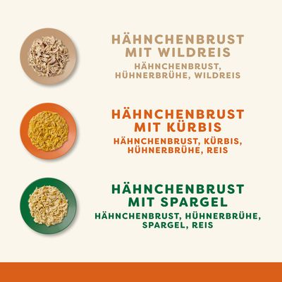 Drei Rezeptvarianten: Hähnchenbrust mit Wildreis, Hähnchenbrust mit Kürbis und Hähnchenbrust mit Spargel. Zutaten: Hähnchenbrust, Hühnerbrühe, Wildreis/Kürbis/Spargel, Reis.