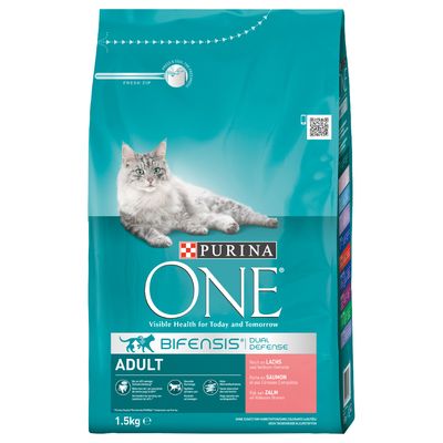 PURINA ONE BIFENSIS Dual Defense Adult kattefoder, 1,5 kg. Synlig tekst: Rich in Lachs und Vollkorn-Getreide, Visible Health for Today and Tomorrow.