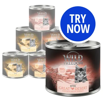 Selection of Wild Freedom kitten food cans with visible flavours including Great Desert chicken with turkey, Golden Valley chicken with rabbit, and Wide Country chicken. Blue 'Try Now' badge shown.