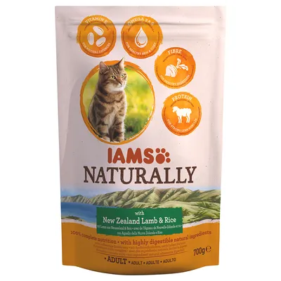 IAMS Naturally kattmat, New Zealand Lamb & Rice, 700 g. Synliga ikoner: vitamin E, omega 3 & 6, fiber, protein. Text: för vuxna katter, naturliga ingredienser.