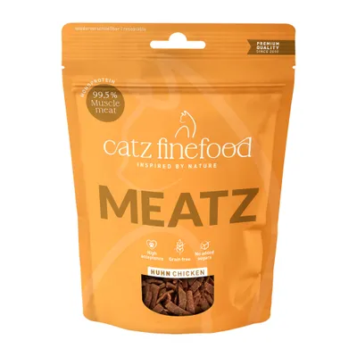 catz finefood MEATZ Chicken, 99.5% muscle meat, high acceptance, grain free, no added sugars, premium quality since 2010, resealable. catz finefood MEATZ Chicken, 99.5% muscle meat, high acceptance, grain free, no added sugars, premium quality since 2010, resealable.