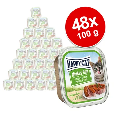 Lot de 48 barquettes Happy Cat Minkas Duo Geflügel & Lamm, 100 g chacune, avec image d’un chat et pâtée sur l’emballage. Texte visible : Poultry & Lamb, Häppchen auf Paté.