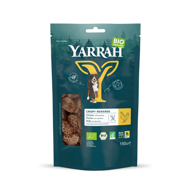 Yarrah BIO Organic Crispy Rewards Kip met Spirulina, 150 g. Bio-certificaat, Beter Leven 3 sterren, AB-certificering, hersluitbare verpakking.