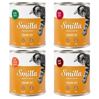 Smilla Poultry Pot hrana za mačke, vrste: raca, govedina, perutninska srca, jagnjetina. Vsebuje tavrin, brez žit, 800 g pločevinke, izdelano v Nemčiji.
