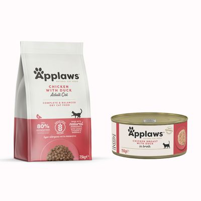 Applaws Natural Cat Food karma sucha dla kotów dorosłych Chicken with Salmon, 80% białka zwierzęcego, bez zbóż, puszka z piersią kurczaka i kaczką, znak procentowy oznaczający promocję.