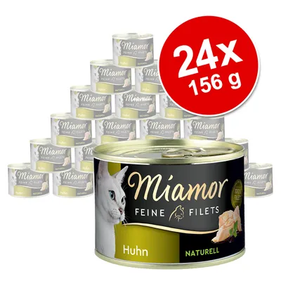 Lot de 24 boîtes Miamor Feine Filets Huhn Naturell, 156 g chacune. Texte visible : 100 % Filet. Image d’un chat sur l’emballage.