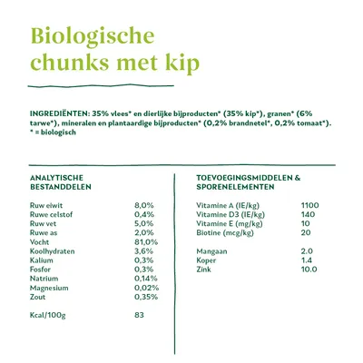 Biologische chunks met kip. Ingrediënten: 35% vlees (35% kip), granen (6% tarwe), mineralen, brandnetel, tomaat. Analytische bestanddelen: eiwit 8%, vet 5%, vocht 81%. Kcal/100g: 83.