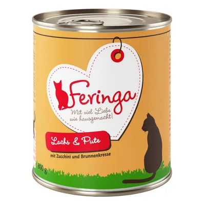 Feringa Lachs & Pute, mit Zucchini und Brunnenkresse. 800 g säilyketölkki, etiketissä kissan siluetti ja sydän. Teksti saksaksi.