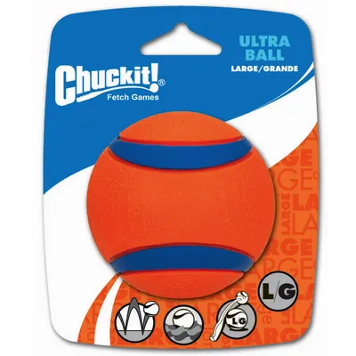 Chuckit! Ultra Ball Large/Grande, oranssi sinisillä raidoilla. Pakkauksessa symbolit: pomppiva, kelluva, kestävä. Sopii suurille koirille.