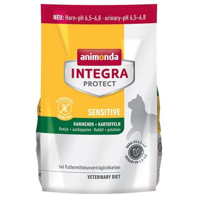 animonda INTEGRA PROTECT SENSITIVE kaninini + peruna, viljaton, urinary-pH 6,5–6,8, VETERINARY DIET. Pakkauksessa kissan siluetti ja merkintä: bei Futtermittelunverträglichkeiten.