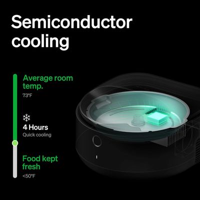 Diagram showing semiconductor cooling system keeping food fresh below 50°F, with quick cooling in 4 hours from average room temperature of 73°F.