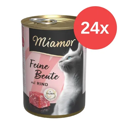 Miamor Feine Beute mit Rind, getreidefrei, mit Taurin. Packung enthält 24 Dosen. Miamor Feine Beute mit Rind, getreidefrei, mit Taurin. Packung enthält 24 Dosen.