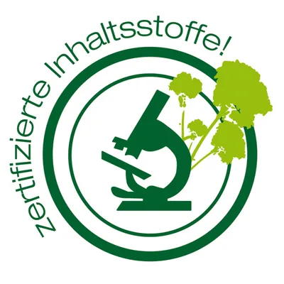 Certificirane sestavine! Simbol mikroskopa z zelenimi rastlinami v ozadju.