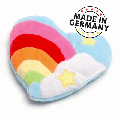 Heart-shaped plush toy with rainbow colours, clouds and stars. Text: Made in Germany.