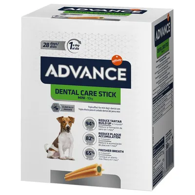 Advance Dental Care Stick Mini pentru câini sub 10 kg. Eficacitate dovedită clinic: reduce tartrul, placa bacteriană și asigură respirație proaspătă. Pachet cu 28 de batoane, utilizare zilnică recomandată.