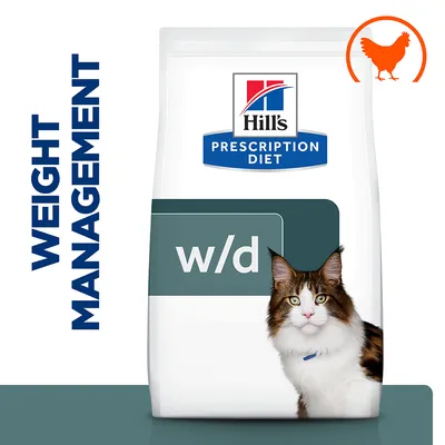 Weight management food, w/d formula, with chicken indicated by icon. Prescription Diet branding and image of a cat on the packaging.