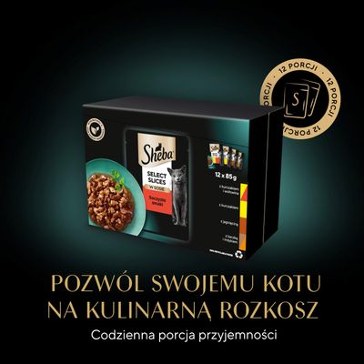 Sheba Select Slices w sosie, 12 x 85 g, różne rodzaje. Opakowanie z ilustracją karmy dla kotów i kota. Uwaga: 12 porcji.