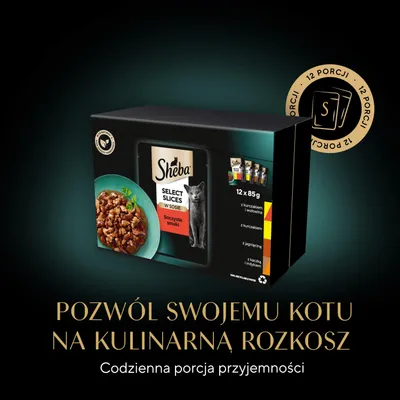 Sheba Select Slices w sosie, 12 x 85 g, różne rodzaje. Opakowanie z ilustracją karmy dla kotów i kota. Uwaga: 12 porcji.