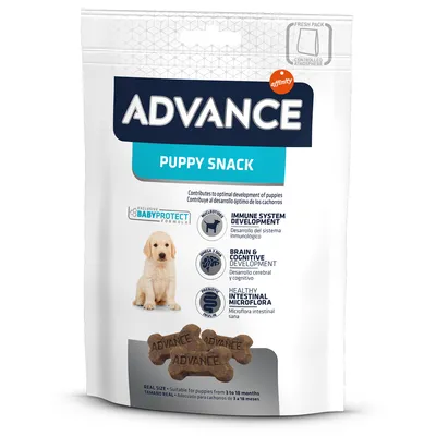 Advance Puppy Snack z formułą BabyProtect. Wspiera układ odpornościowy, rozwój mózgu i zdrową florę jelitową. Odpowiedni dla szczeniąt od 3 do 18 miesięcy. Opakowanie świeżości.